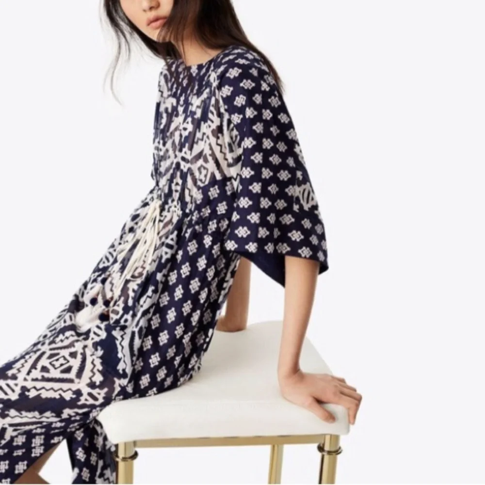 TORY BURCH Beatrice Blue White Geometric Fringe Caftan Beach Cover Up Dress
